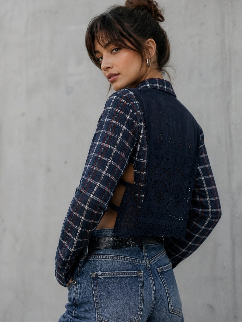 Sea Plaid Eyelet Button Down Shirt